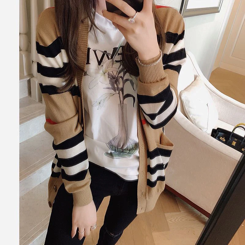 Women Striped Knitted Cardigan Fall Winter Loose Korean Sweater Casual Fashion Office Lady V Neck Single Breasted Design Top