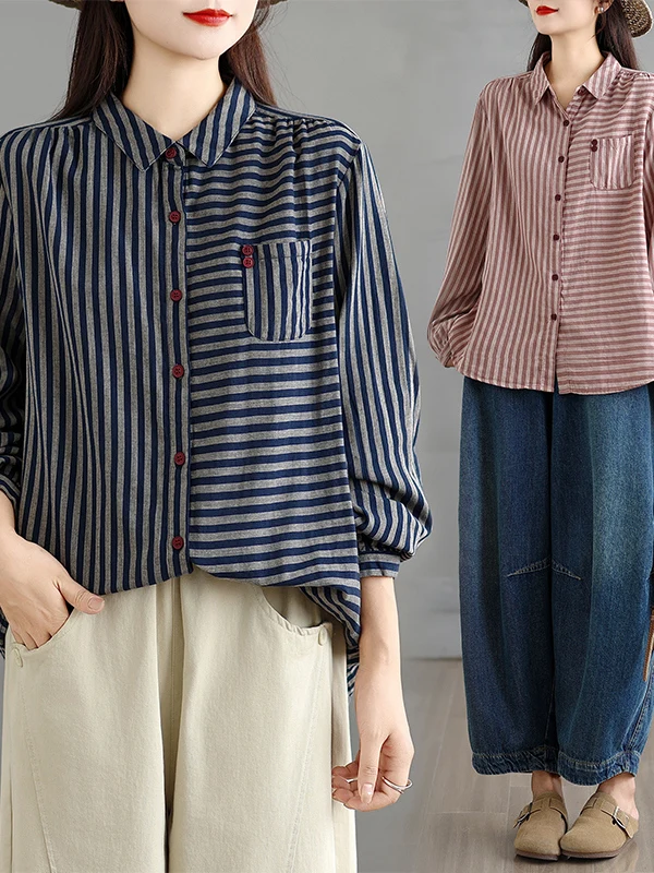 

Элегантная женская повседневная свободная хлопковая рубашка с длинным рукавом, двухслойная, в полоску, на пуговицах, для полных женщин