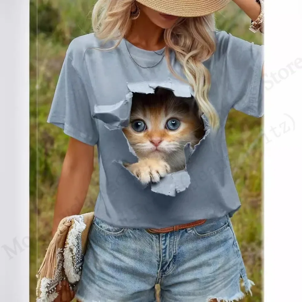 Kaos Grafis 3D Gambar Kucing Lucu Wanita Fashion Kasual O-Neck Oversized Lengan Pendek Kaos Hewan Atasan Desainer Pakaian