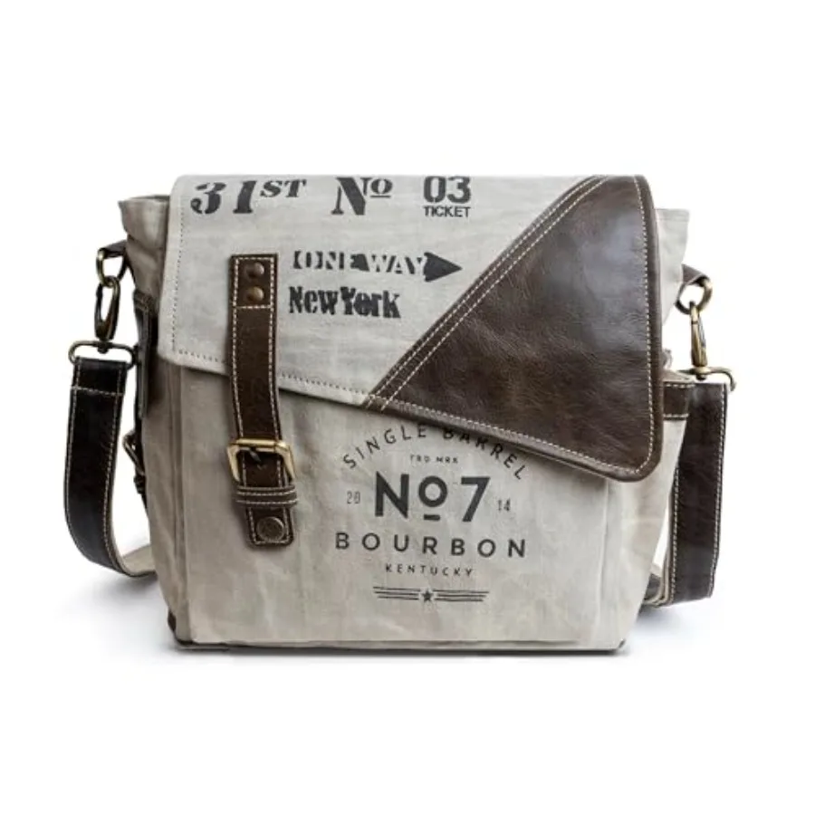 

No7 Bourbon Crossbody Bag for Men and Women Upcycled Vintage Canvas and Leather Multi Pockets Bag Hobo Bag