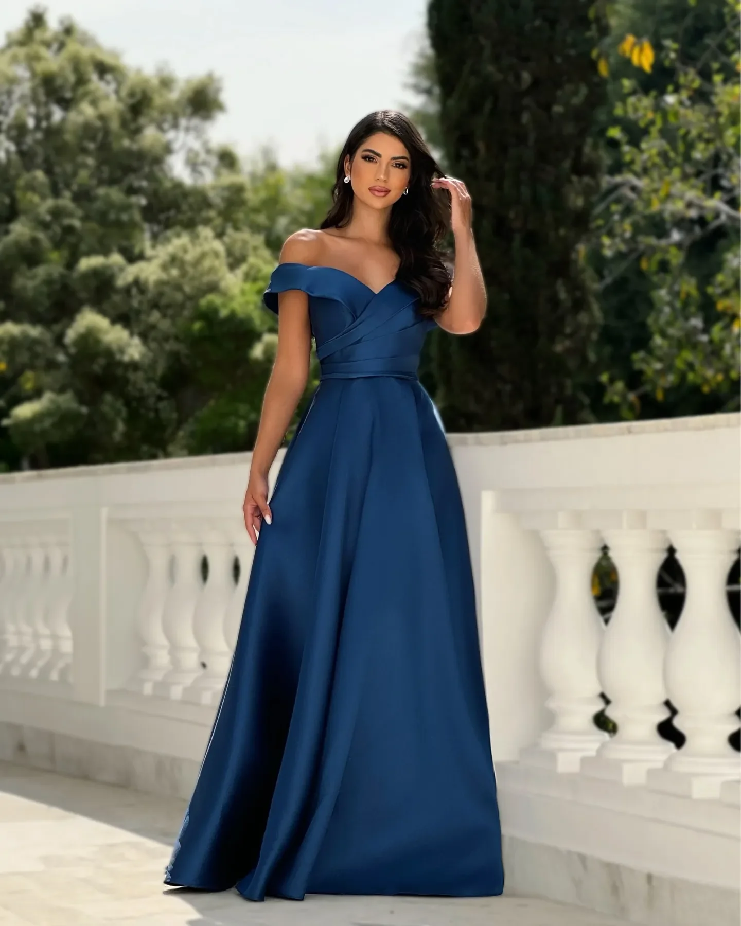 

Customized Elegant Navy Blue Evening Dresses Off Shoulder Prom Dress A Line Pleats Ruched Skirt Dresses for Special Ocn