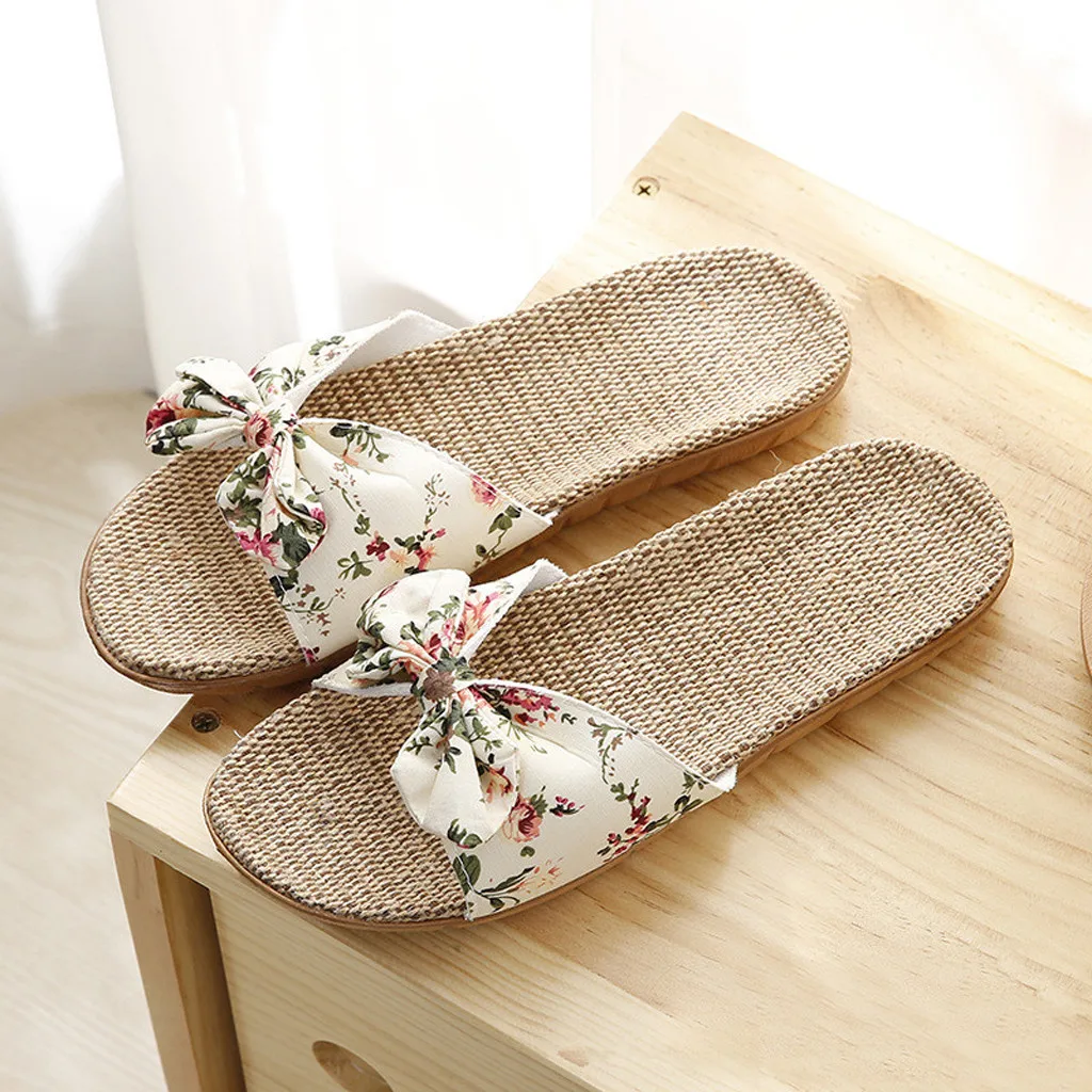 Women Female  Bowknot Flax Linen Flip Flops Beach Shoes Sandals Slipper Chaussure Femme Sapatos Femininos Zapatos Mujer SandáLia