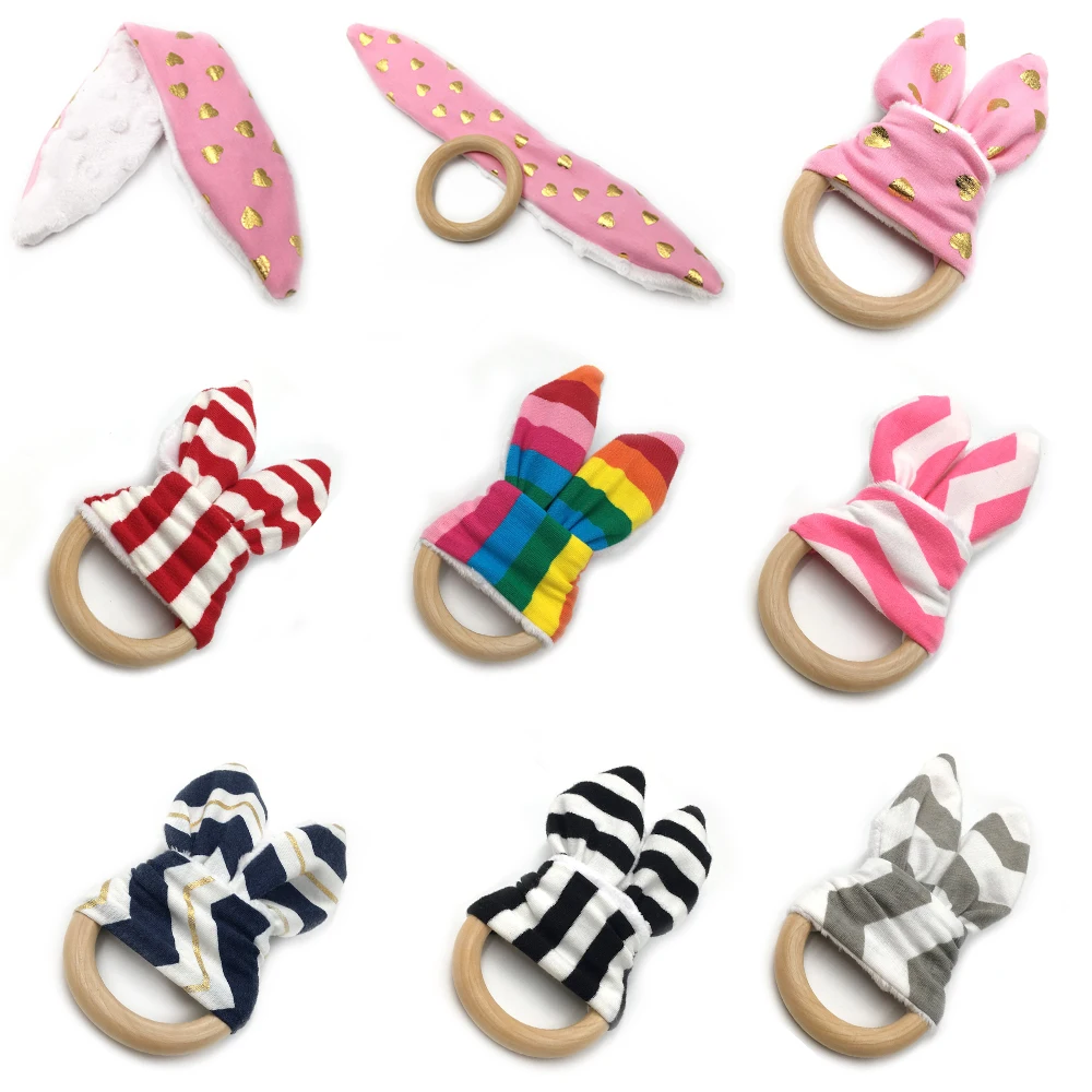 

5pcs Baby Teether Wood Ring Bunny Ear Fabric Wooden Teething Rings For Kids Newborn Care Accessory Shower Gifts Comforting Toy