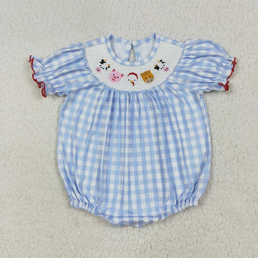 

Baby Girls Blue Plaid Farm Animal Smocked Romper Short Sleeves Cows Pigs Chickens Design Infant Outfit for Newborns