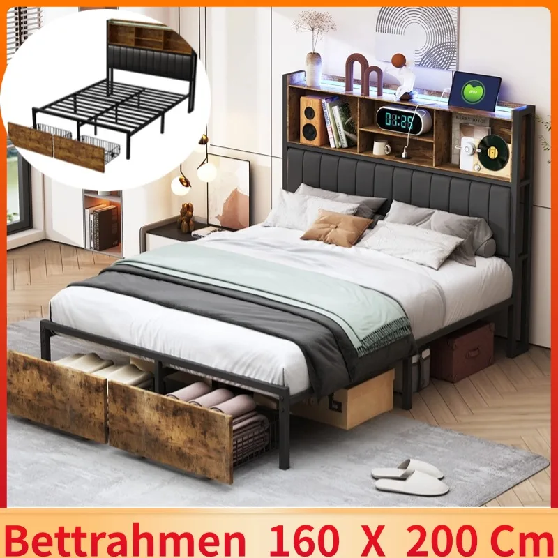 Adult bed 160x200 cm with LED and 2 drawers, 160x200 cm bed with slatted base, double bed in PU fabric, USB and Type C, brown