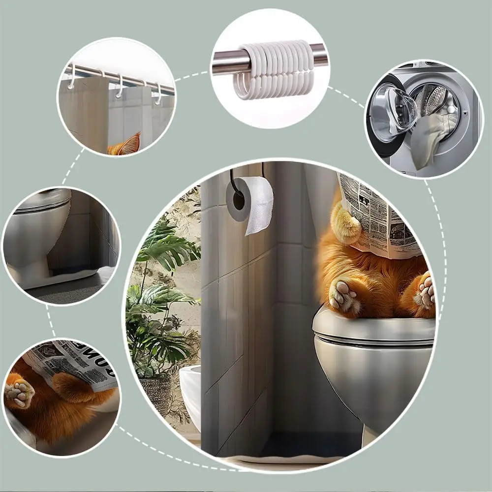 مضحك القط دش الستار البرتقالي القط على المرحاض قراءة صحيفة جميل هريرة لطيف الحيوانات الأليفة ستارة حمام النسيج اكسسوارات الحمام #6