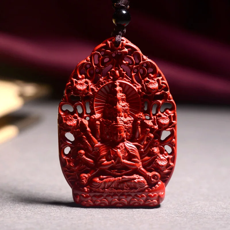 Natural Cinnabar Thousand-Hand Guanyin Pendant Rat-Belonged Pendant Zodiac Rat Guardian Buddha Cutout Carvings