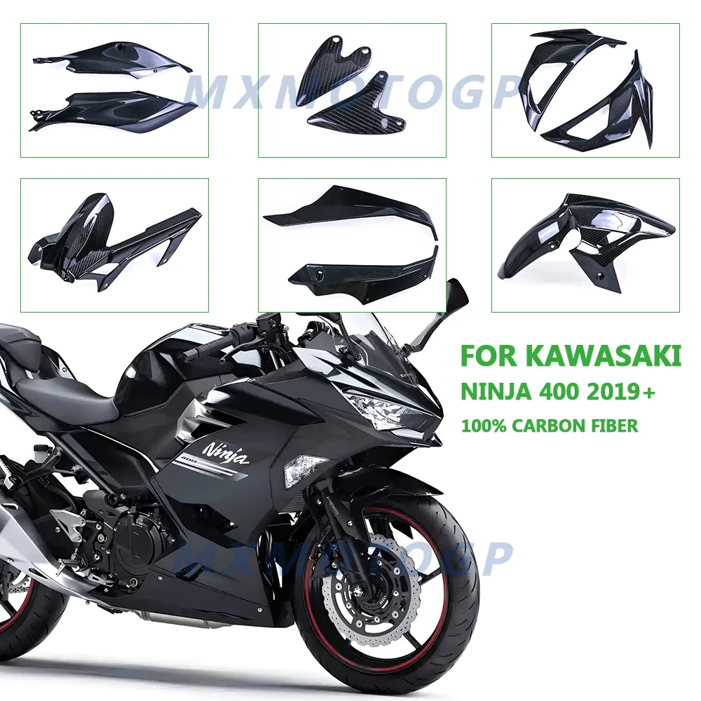 

Для Kawasaki Ninja 400 2018 2019 2020 2023, 100% углеродное волокно, крылышки, боковые панели бака, полный обтекатель, аксессуары для мотоциклов