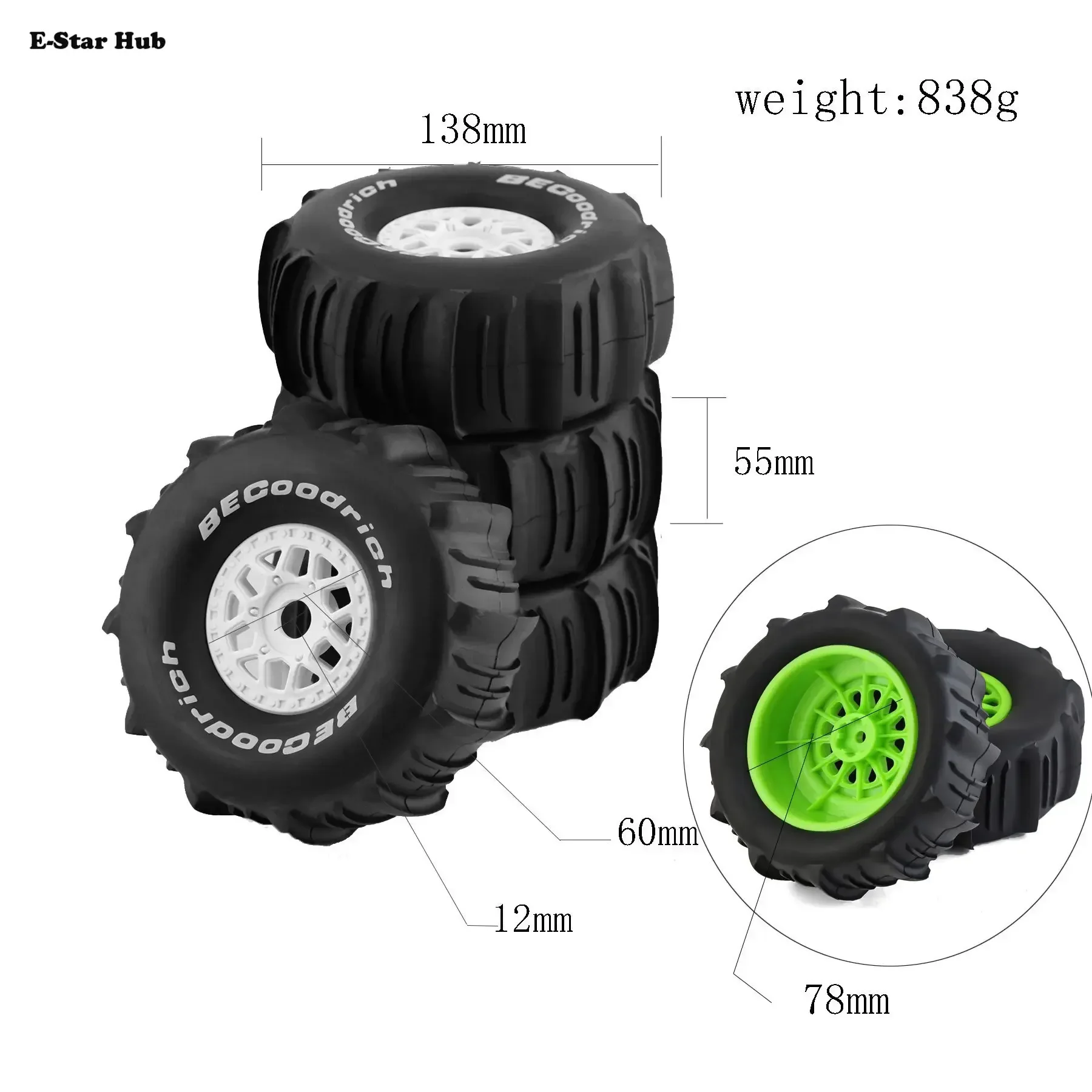 E-Star Hub E-Star Hub4Pcs 138mm 1/7 Desert Short Course Truck Sand Tire 17mm Wheel Hex for ARRMA Mojave TRAXXAS UDR Yikong DF7 F