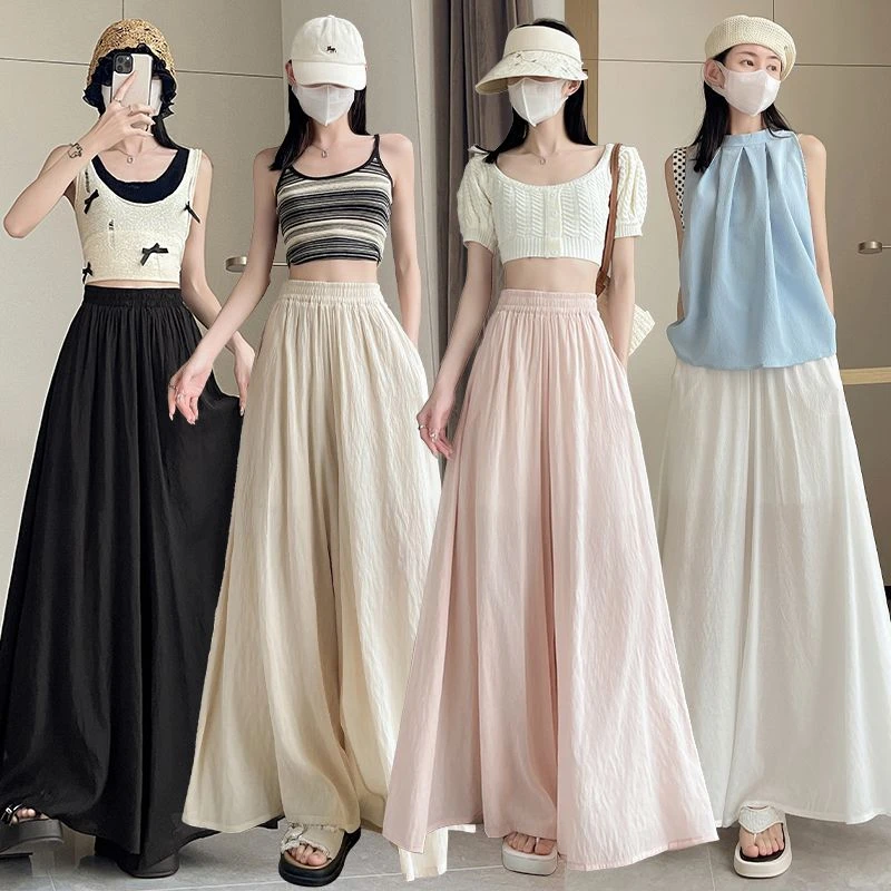 Ice Silk Casual Skirt Pants Women Summer Thin Loose Wide Leg Pants New 2026 Big Foot Pants Mountain Brown Skirt Pants