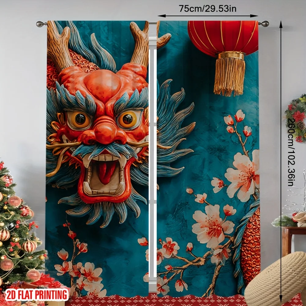 Dragon-pattern printed art curtains, pole-mounted installation. Suitable for living rooms, bedrooms, dining rooms and hotels.