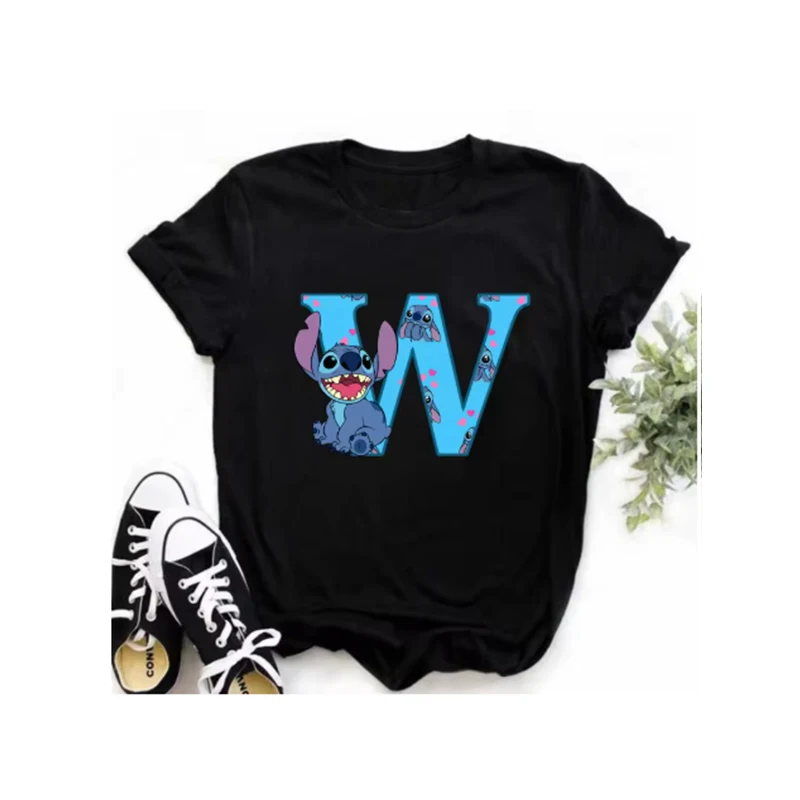 

Trends 2025 Stitch A-Z Alphabet Summer Women's Printed Ladies Women's Casual Tops Y2k T-shirt Fashion Cartoon Clothes Disney