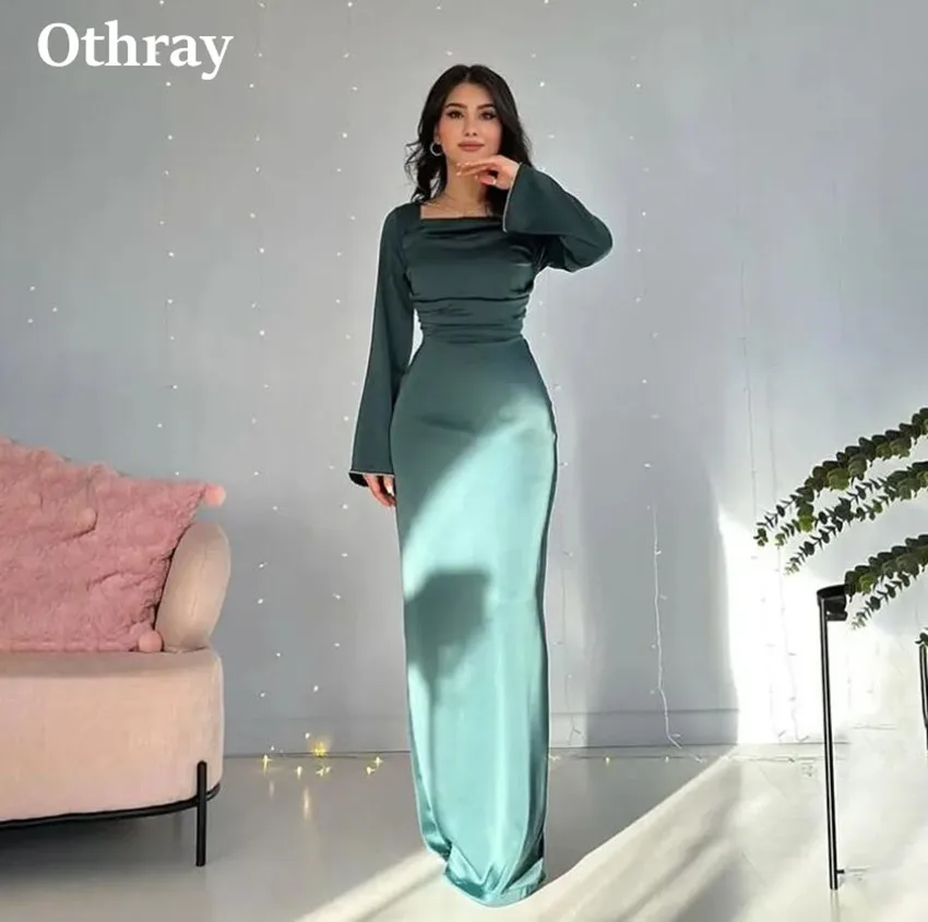 

Othray Simple Satin Long Sleeves Evening Dresses Square Neck Sheath Body Saudi Arabic Women Prom Gowns Wedding Guest Robe