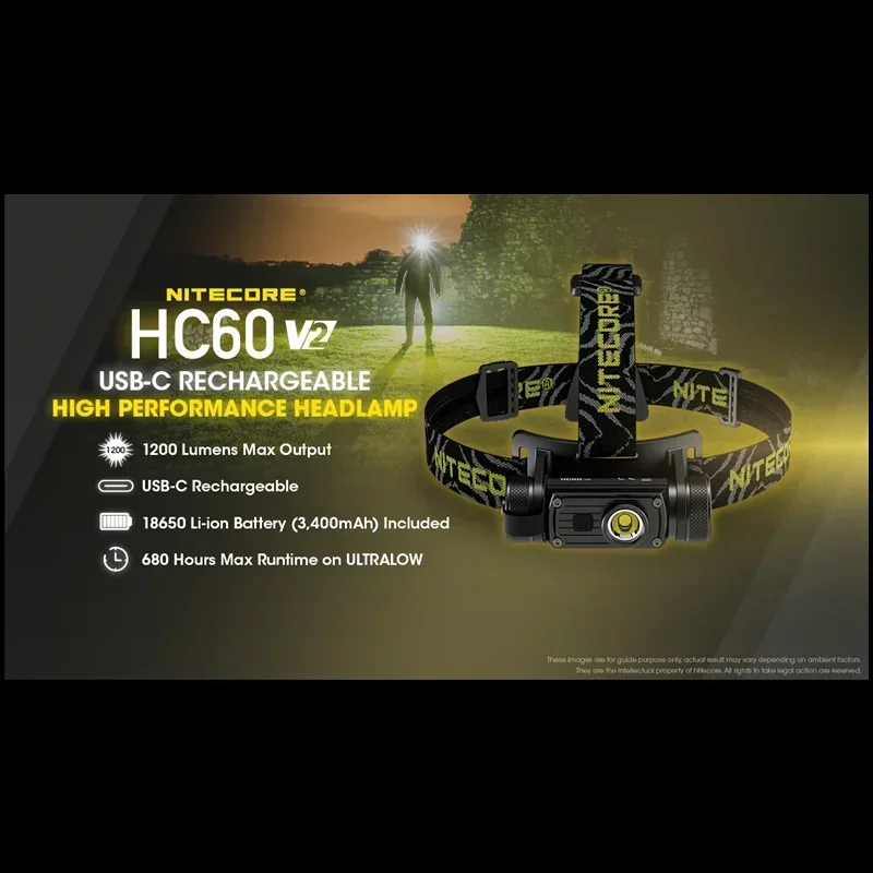 NITECORE HC60 V2 Headlamp Utilizes a P9 LED 3 Lights Source 1200Lumen USB-C Rechargeable with 3400 mAh battery