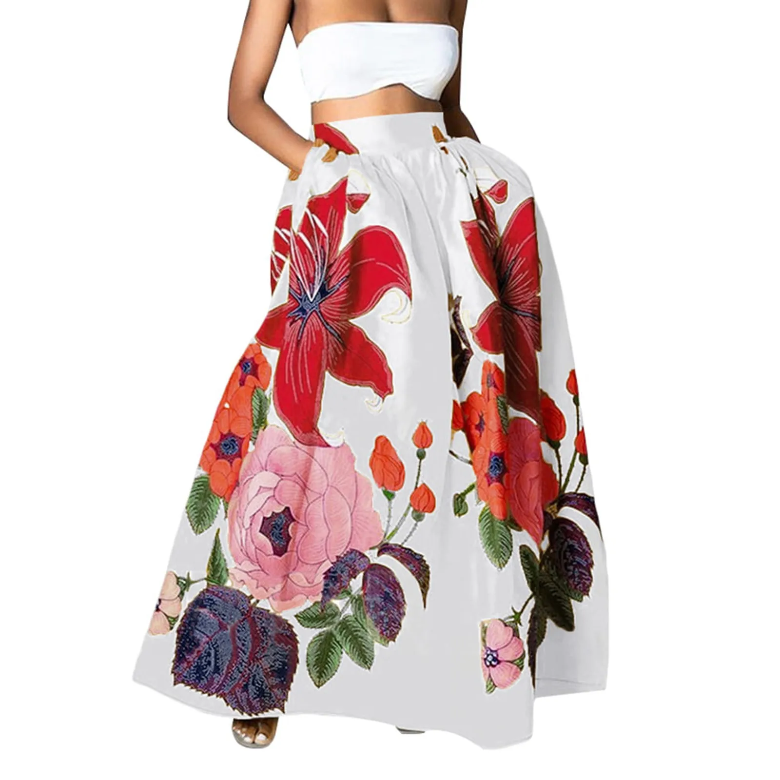 Women's long skirt Fashion Floral Print traf Loose Half Skirts High Waist Beach saia Extra big hem skirt With pockets faldas