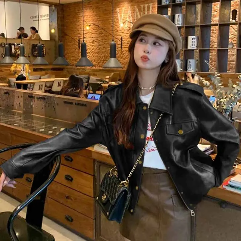 Women Autumn New Top Grade American Style Leather Jacket Coat Female Fashion Versatile Loose Fit Locomotive Short Leather Jacket