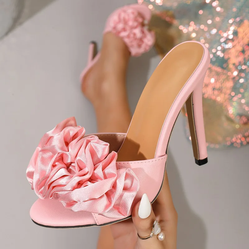 Eilyken Fashion Thin High Heels Flower Women Slippers Summer Elegant Satin Open Toe Banquet Prom Slide Shoes Sandals