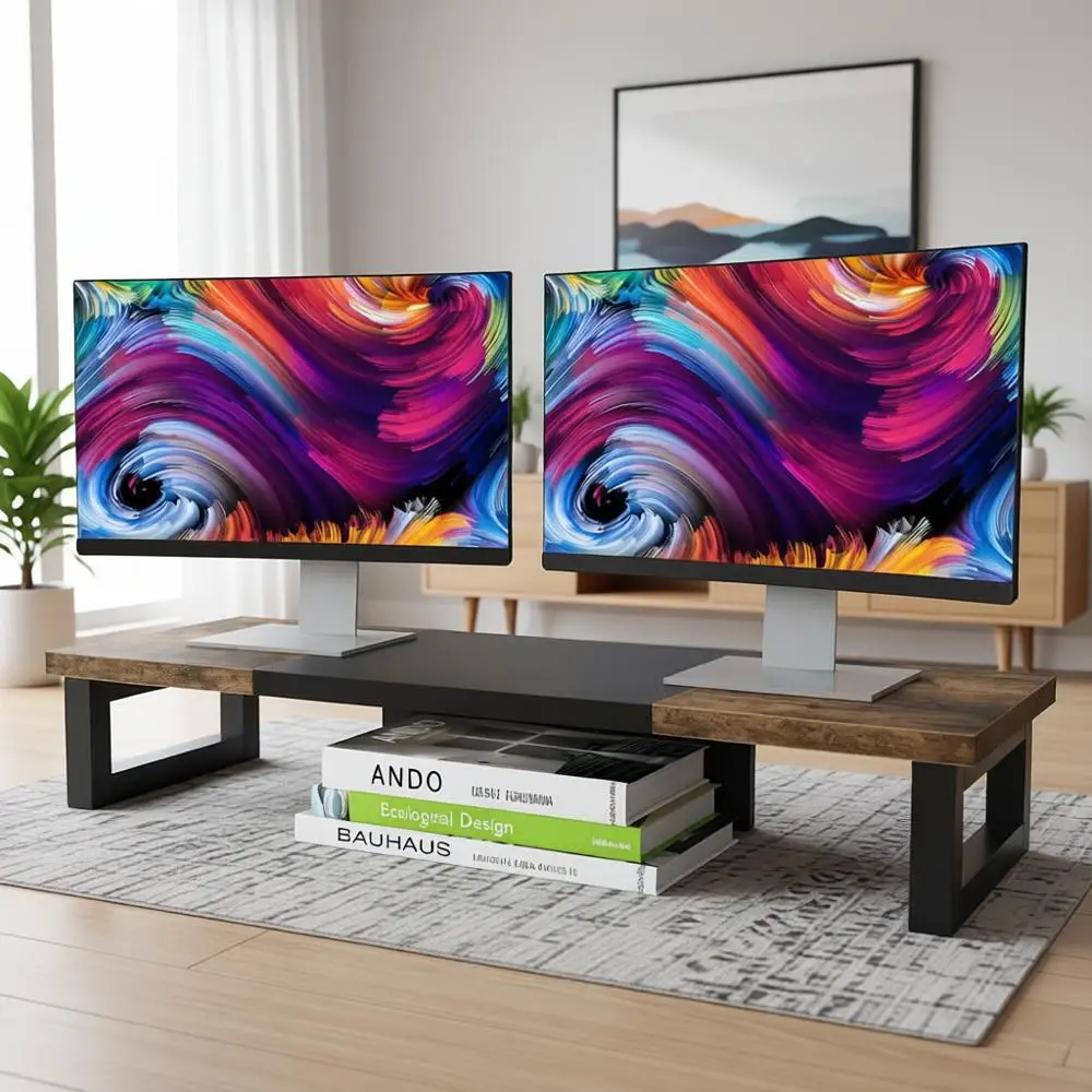 

Wood and Steel Dual Monitor Stand, Multi-Purpose Desk Organizer for Computers, Laptops, Printers, TVs in Rustic Brown