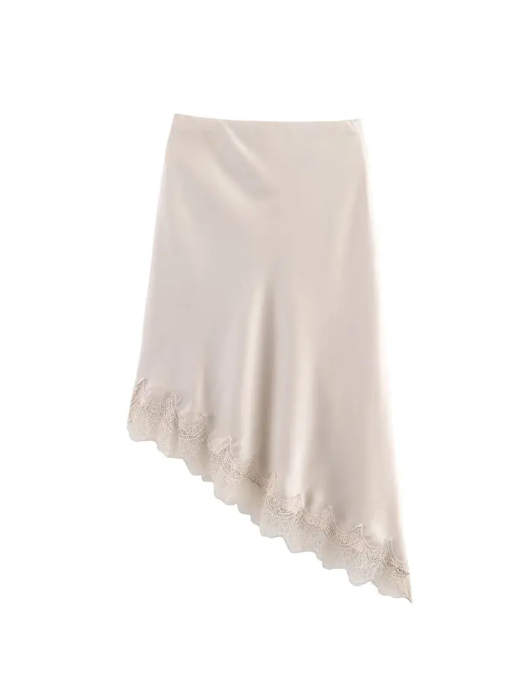 NLZGMSJ المرأة مثير الساتان الدانتيل لصق التنانير جديد أزياء من الدانتل غير المتماثلة هيم التنانير النساء أنيقة عالية الخصر التنانير