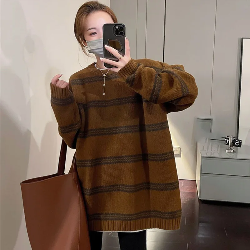 Ladies Mid Length Version Stripe Knitwear Autumn Winter Female Long Sleeved Knitting Lazy Wind Women Loose Fit Pullover Sweaters