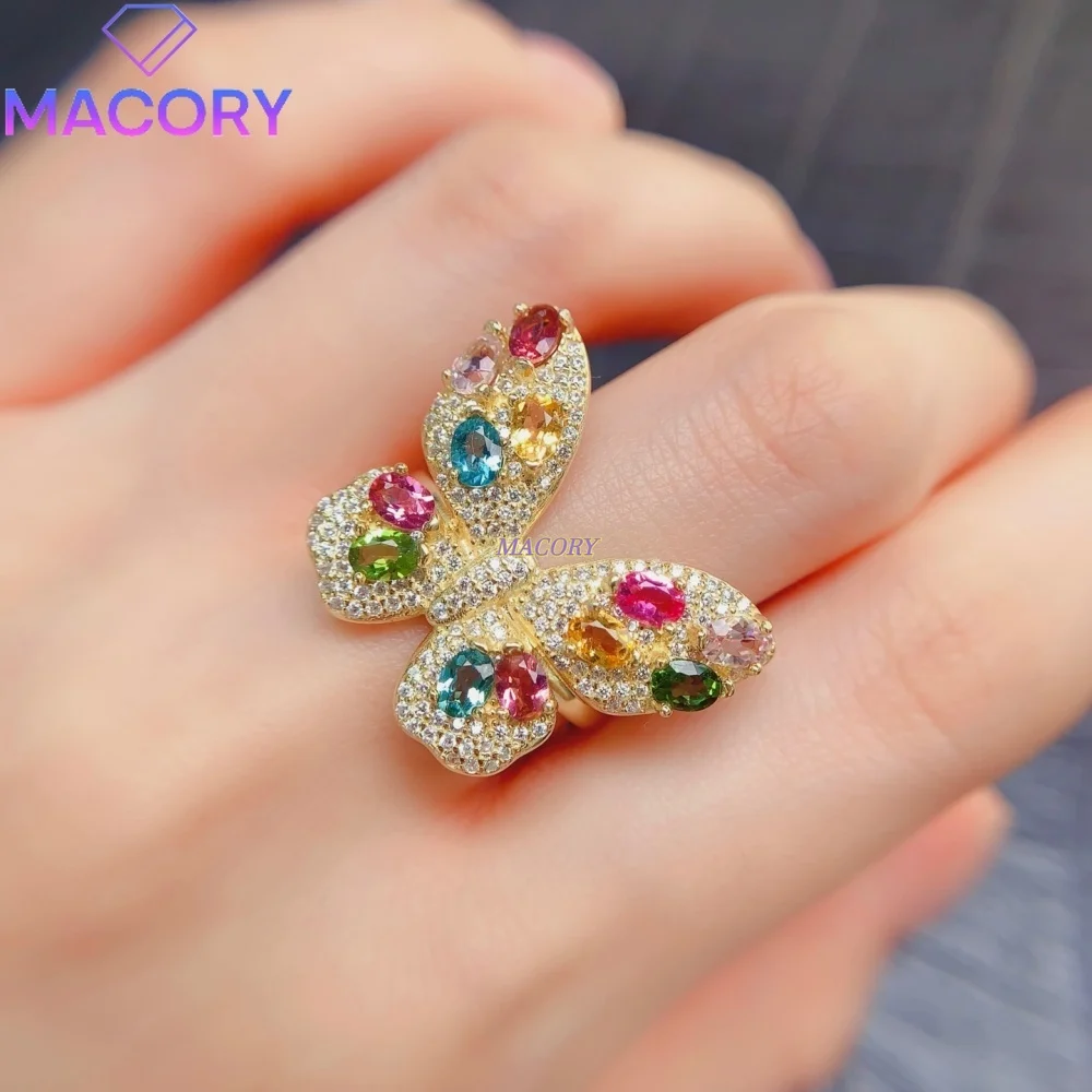 S925 sterling silver natural tourmaline butterfly ring heavy-duty design expertly crafted Party Banquet Choices Outfit Accents