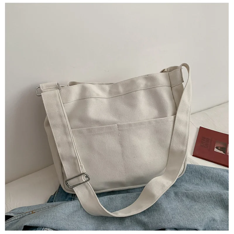 Large Capacity Students Canvas Shoulder Bags Female Handbags Korean Satchel Cotton Cloth Crossbody Bag Women 2023 School Bag