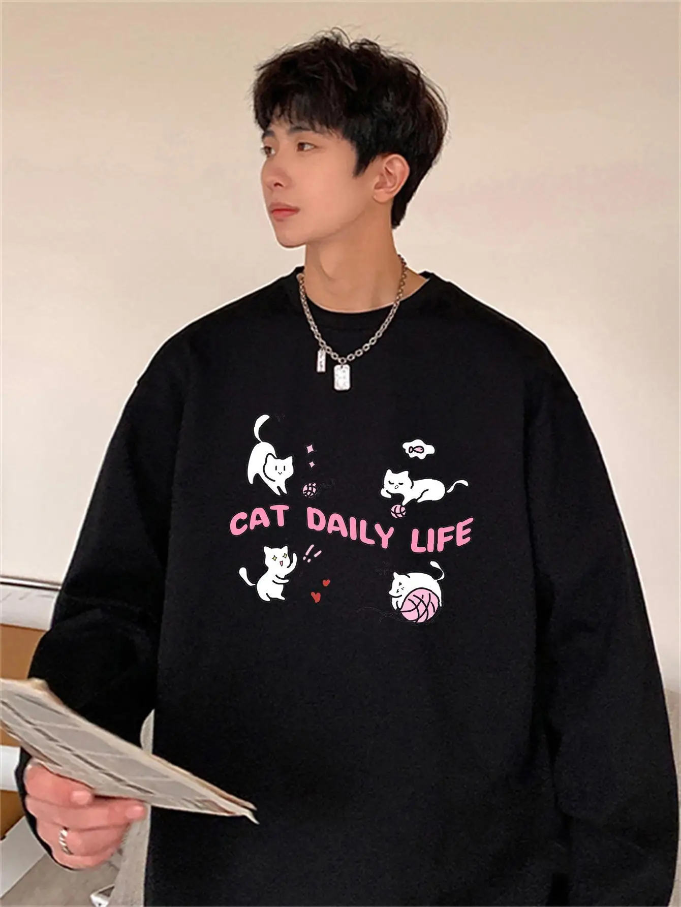 Cat Daily Life Print Men Kpop T-shirts Loose Quality Cotton Unisex Fashion Tees Long Sleeve Autumn Male Tops O-neck Y2k Clothes