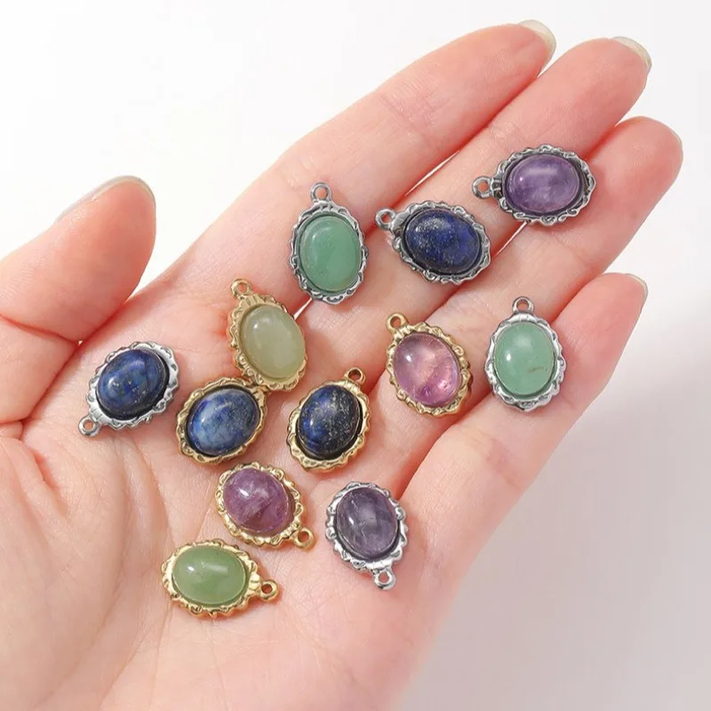 10pcs Oval Natural Stone Pendant 14K Gold Silver Stainless Steel Quartz Amethysts Lace Edge Charm for DIY Jewelry Making 16x11mm