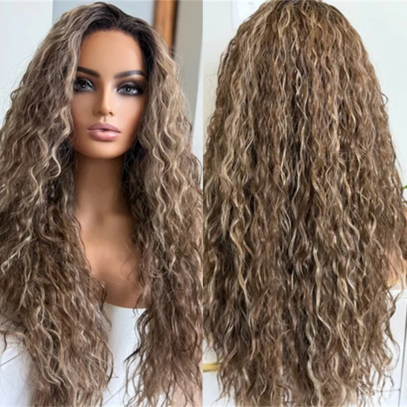 

Парик высокого качества Ombre Карамельно-коричневый парик Balayage Высококачественный синтетический HD парик фронта шнурка Длинный глубокий вьющийся парик Бесплатная часть