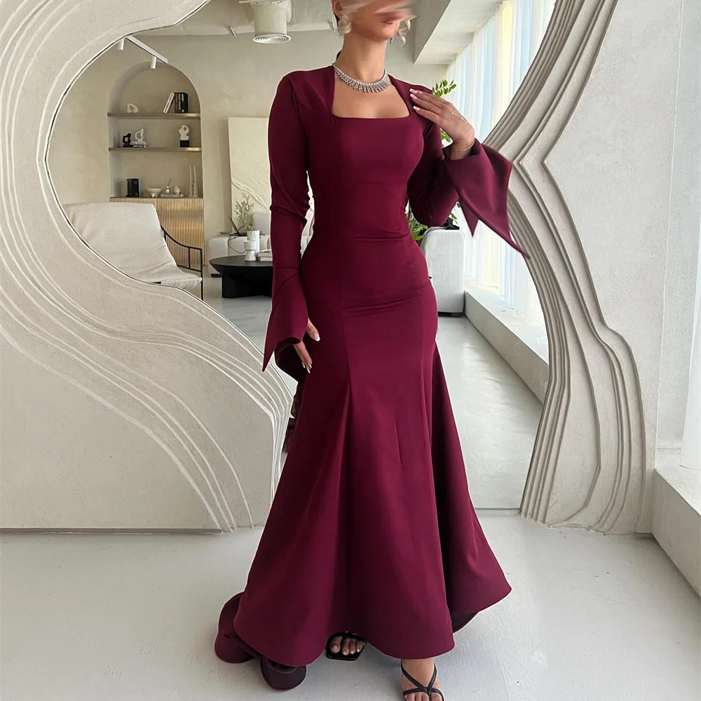 ROYET Pleat Square Neck Full Sleeve Mermaid Evening Party Dress For Woman Ankle Length Sweep Train Classic Prom Gown Customized