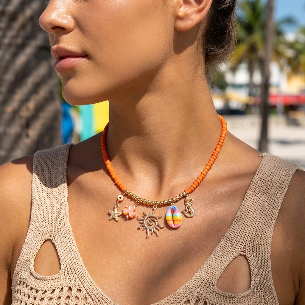 Coral Shell Starfish Sun Rice Bead Pendant Necklace for Women Boho Choker Chain Creative Jewelry Fashion Beach Vacation Gift