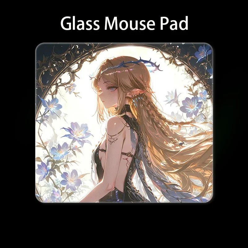 Kawaii Golden Elf Anime Girl Photovoltaic Glass Mouse Pad Electronic Sports Games Office Computer Keyboard Desktop Decoration