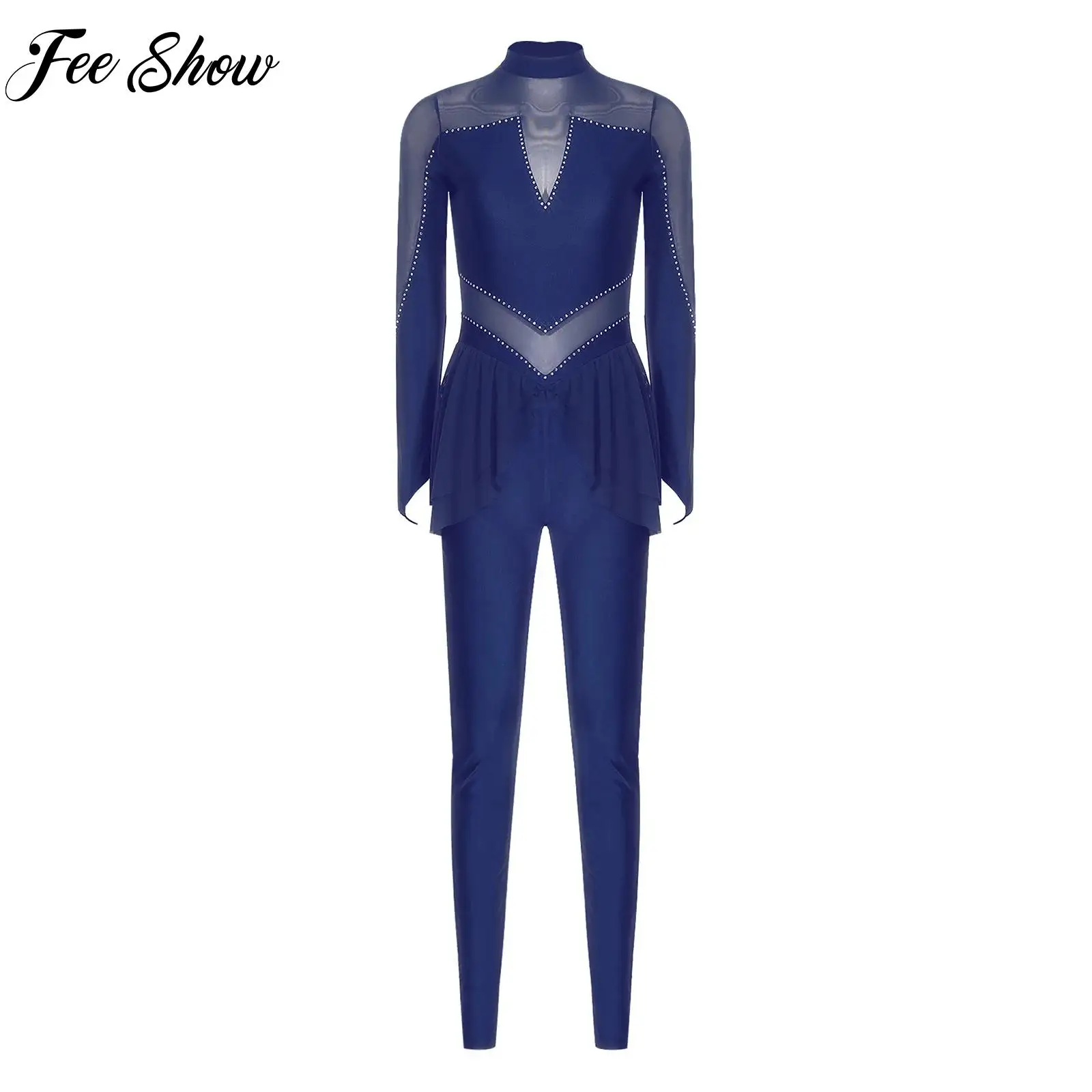 

Adult Womens Gymnastics Figure Ice Skating Ballet Dance Costume Jumpsuit Long Sleeve Rhinestone Mesh Workout Jumpsuit Sportswear