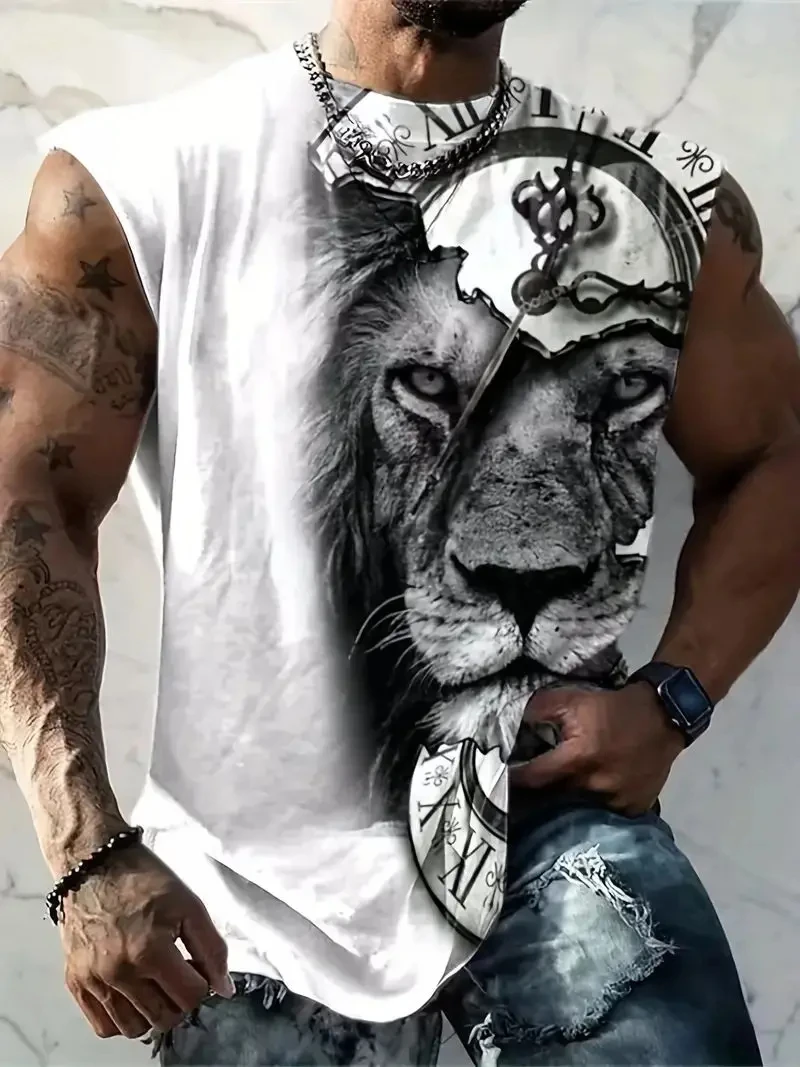 New 3D Tiger Lion Printed Men's Tank Top Spring/Summer Polyester Versatile Casual Street Dominant Round Neck Sleeveless T-shirt