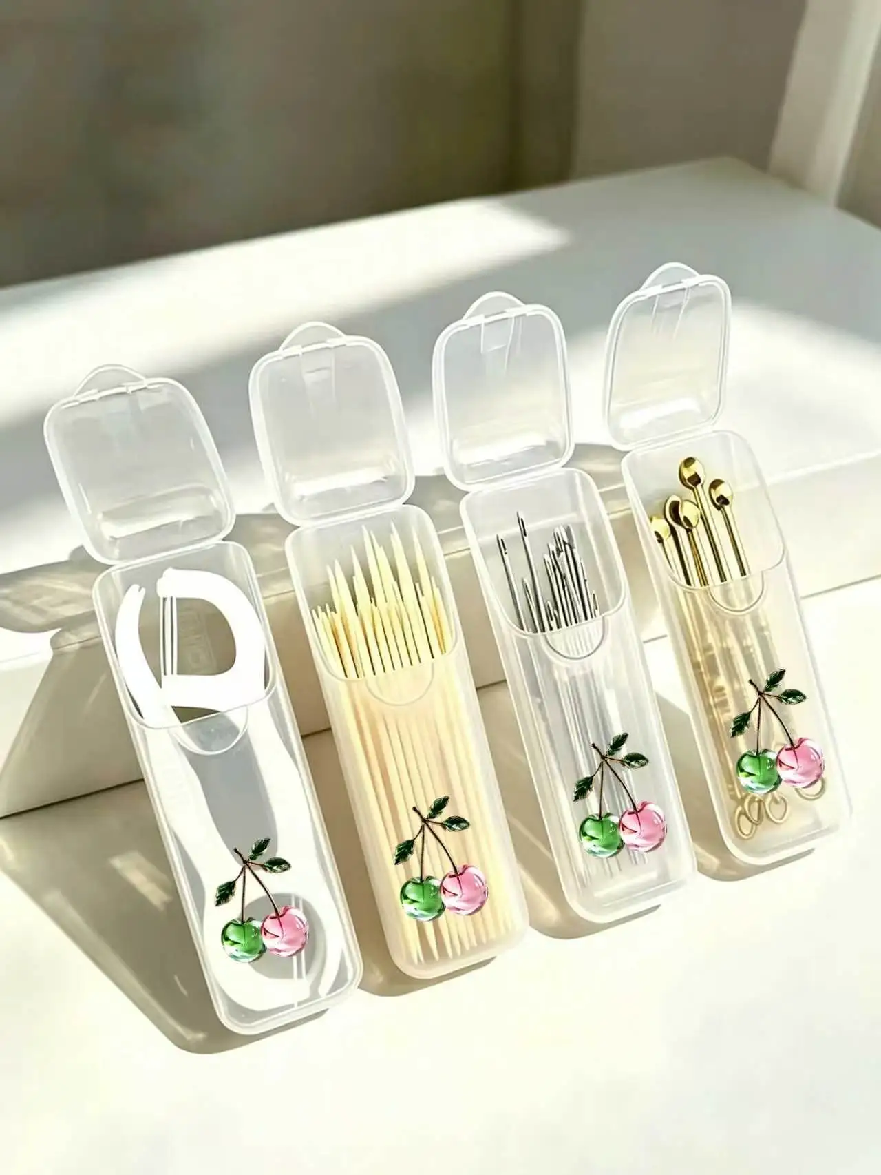 4/2/1Pc Fruit Cherry Pattern Portable Travel Storage Box - Storage Box for Medicines, Toothpicks, Dental Floss, and Daily Essentials, Compact and Convenient, Travel Storage Box, Mini Storage Box, Suitable for Carrying Small Items, Leak-Proof Travel Pill Storage Box, Portable Cotton Swab Box, Suitable for Holiday Gifts