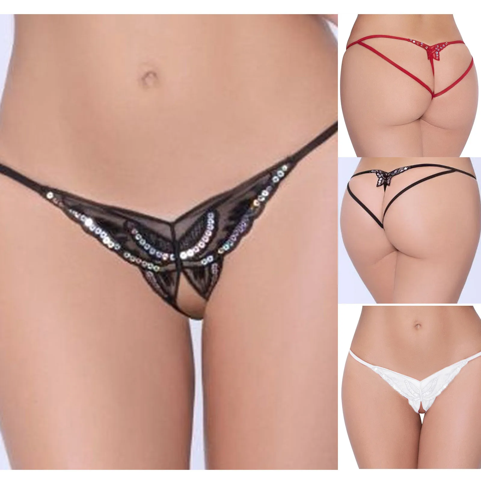 Women Sexy Sequin G-String Transparent Embroidery Open Crotch Thong Solid Color Appeal Hollow Underwear Low Waist Underpants