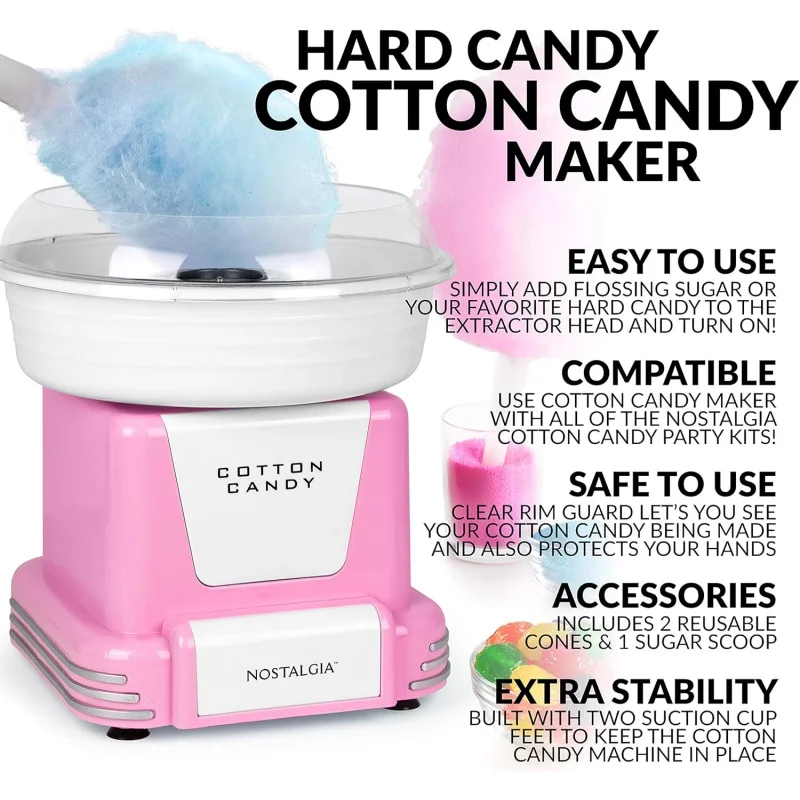 Cotton Candy Machine - Retro for Kids with 2 Reusable Cones, 1 Sugar Scoop, and 1 Extractor - Pink