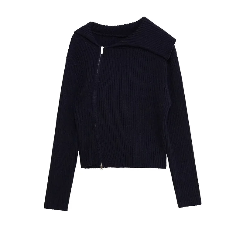 

Women's Cardigan Autumn 2025 New Style Dark Blue Long Sleeve Asymmetric Zipper Knitted Cardigan Jacket Casual Fashion Versatile