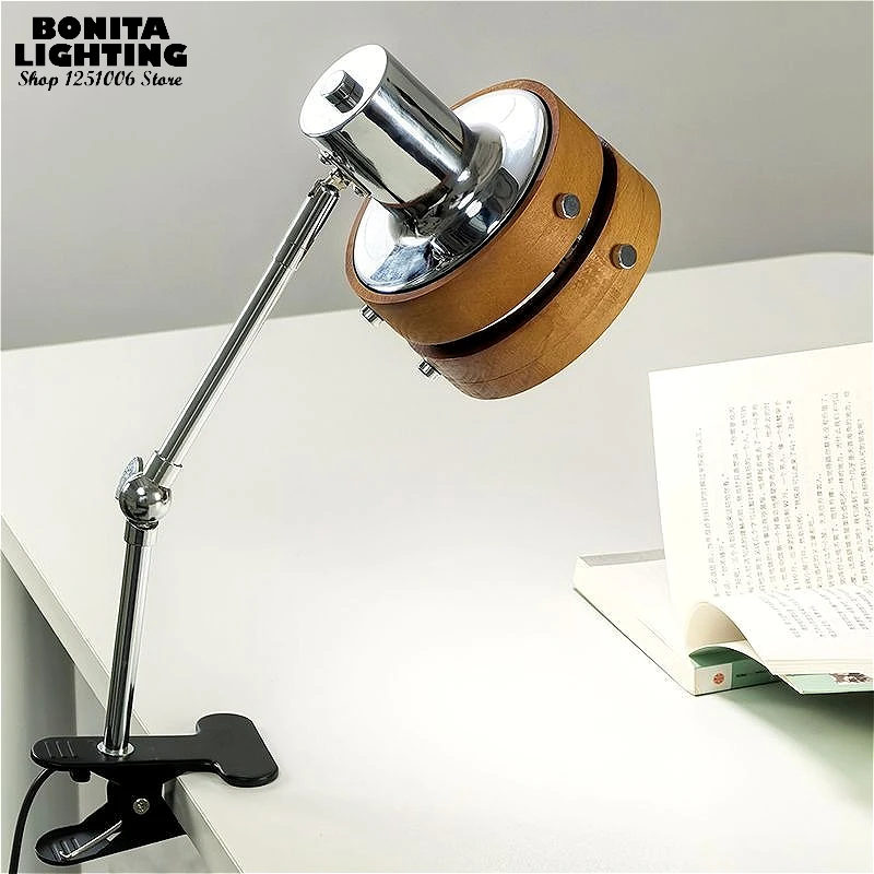 Swing Arm Clip Wall Lamp, Retro Japanese Solid Wood Sconce with Plug Cable, LED Reading Light for Bookshelf Bedside Office Table
