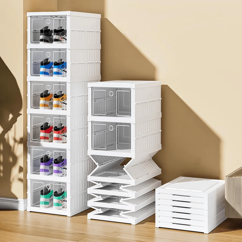 Zapatero plegable, caja de almacenamiento plegable, contenedores de plástico apilables, zapatero con tapas, organizador, instalación, caja de zapatos a prueba de polvo