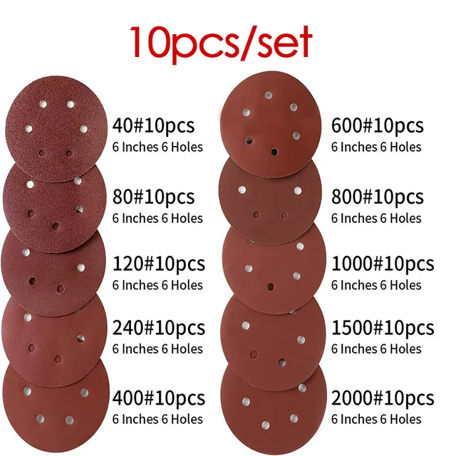 10 sztuk 6 cali 6 otworów 150MM tarcze szlifierskie 40-2000 Grit uciekający papier ścierny szlifierka oscylacyjna papier ścierny z haczykiem i pętelką