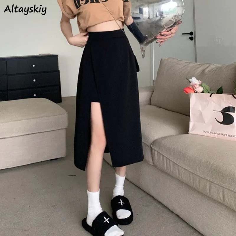 Chic Design Skirts for Women Side-slit Summer Clothing Ladies All-match Black Simple Fashion High Waist Casual New Solid A-line