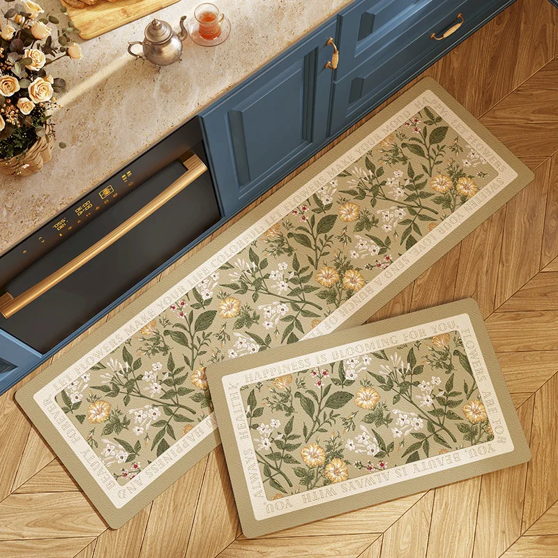 Modern Floral Long Kitchen Floor Mats Household Water Absorbent Oil-Bbsorbent Mats Bathroom Non-slip Carpet