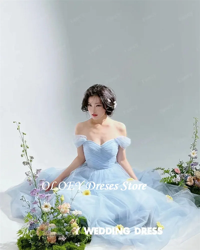 OLOEY Fairy Light Blue Off Shoulder Wedding Dress Korea Photo Shoot A Line Soft Tulle Bridal Gown Back Corset 웨딩드레스 customized