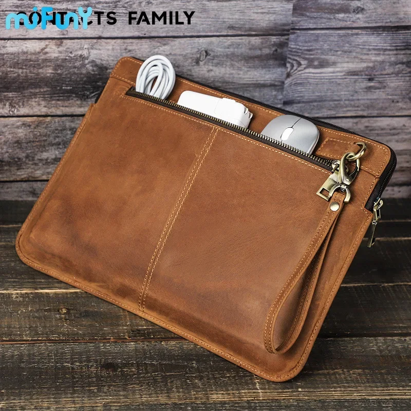 Mifuny Ma cbook Pro14 Protective Cover Cowhide Lining Leather M acLaptop with Removedable Hand Strap Custom Engraving Laptop Bag