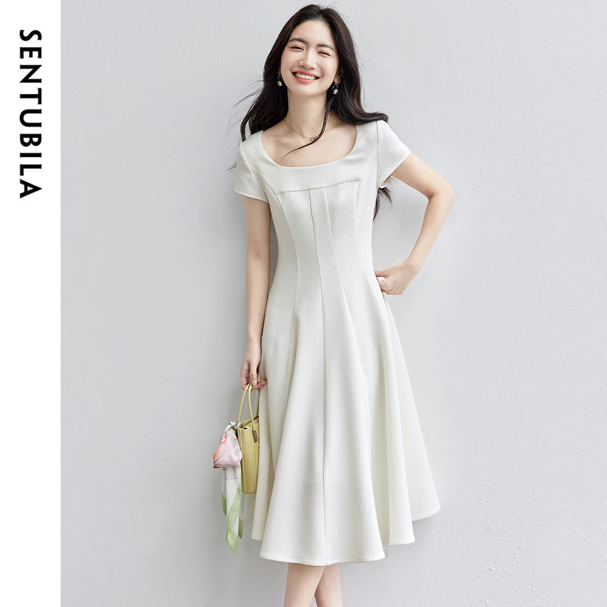 SENTUBILA ผู้หญิงชุดเดรสทรงเอฤดูร้อน 2025 แขนสั้นคอเหลี่ยมสีทึบพับวันหยุดชุดเดรสสำหรับสุภาพสตรีออฟฟิศ Q52LD1948
