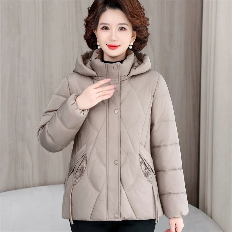 

Winter Coat Women 2025 Fashion Middle Age Mother Slim Down Cotton Hooded Jacket Plus Size Casual Solid Warm Thick Outwear Parka