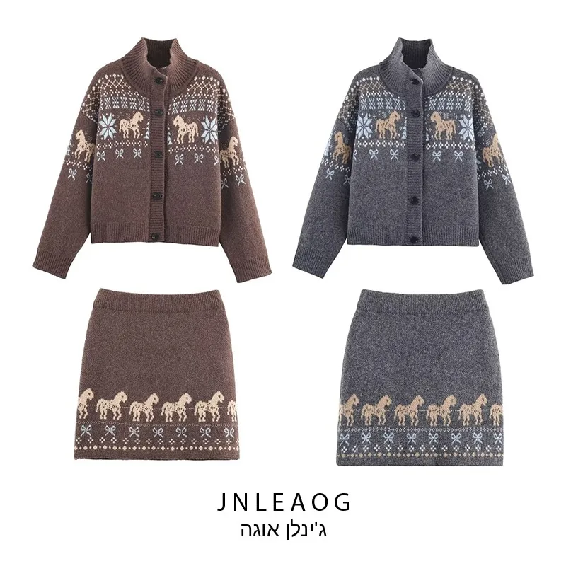 

Модный вязаный комплект JNLEAOG: женский осенний костюм-двойка из полиэстера с длинным рукавом, воротником-стойкой и привлекательным дизайном