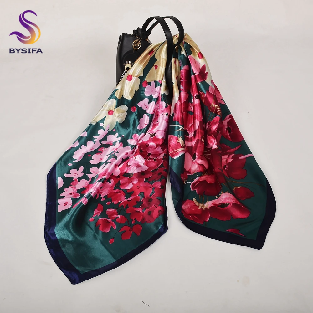 [BYSIFA] New White Silk Satin Scarf Shawl Winter Spring Autumn Elegant Plant Flowers Square Scarves Muslim Women Head Neck Scarf