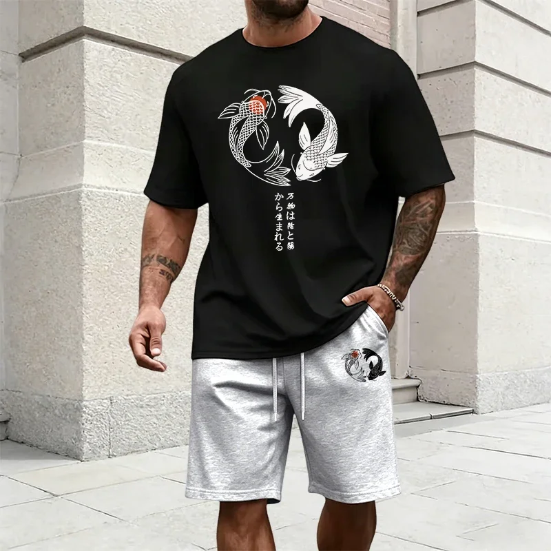 Japanese Yinyang Pattern Men's Tracksuit Cotton T-shirt and Sports Shorts Summer Urban Casual Fashion Short Sleeve Outfits S-3XL view 2